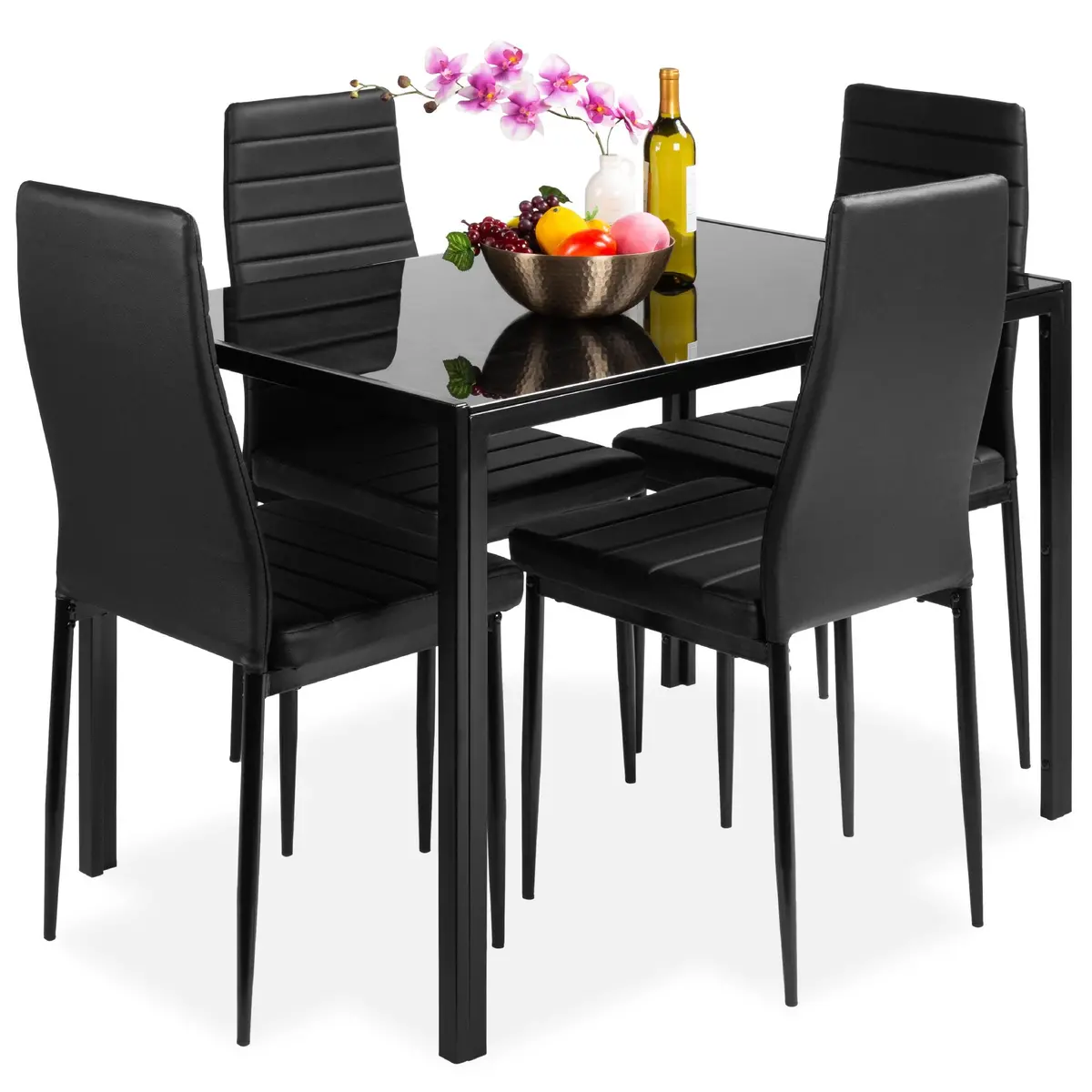 5-Piece Dining Table Set W/ Glass Top, Leather Chairs 1