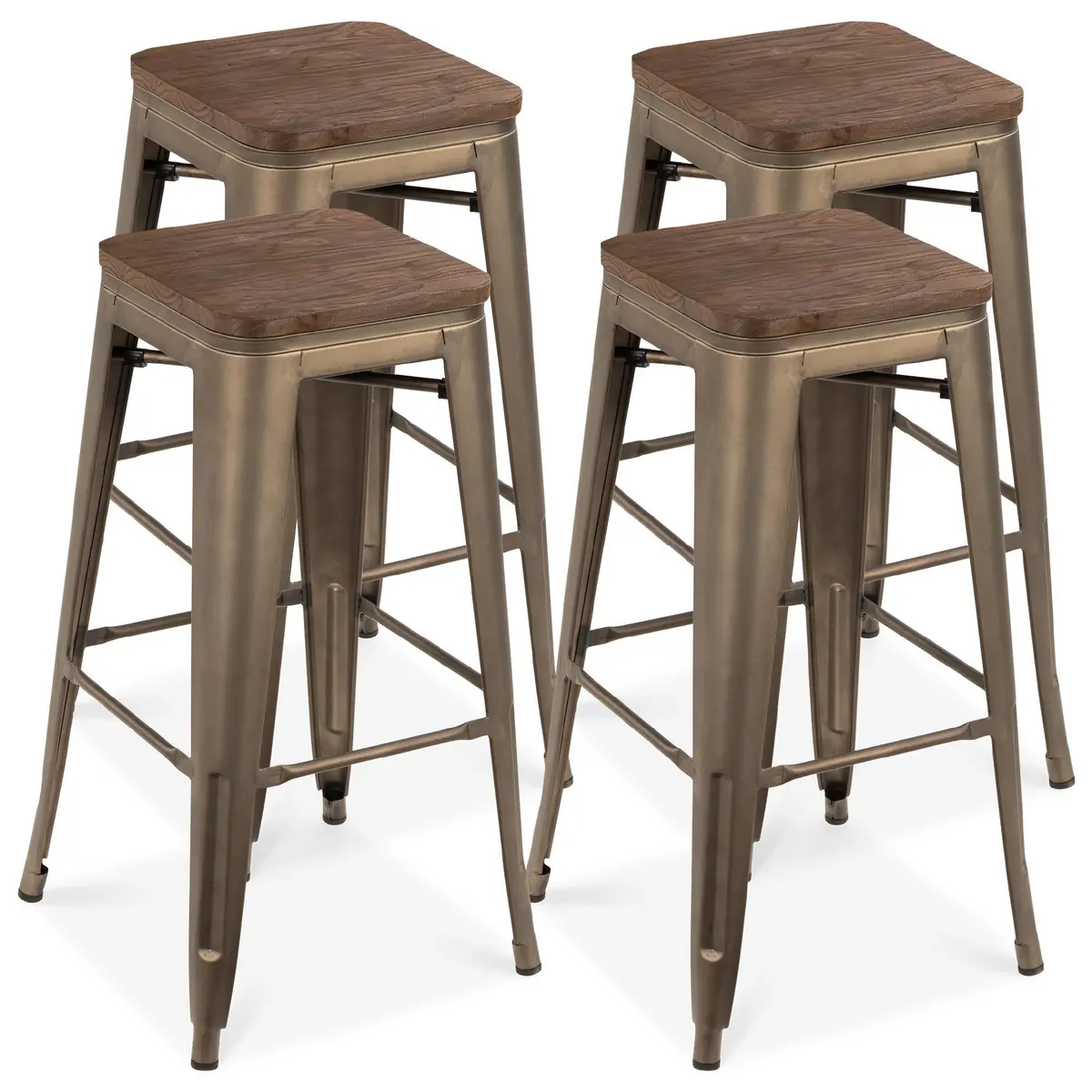 Set Of 4 Industrial Steel Backless Bar Height Stools W/ Wooden Seats - 30In 1