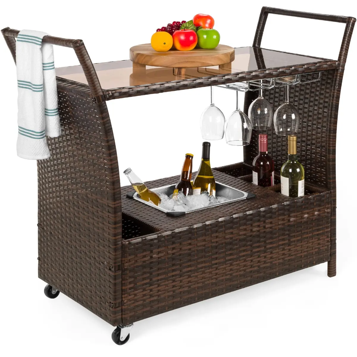 Wicker Serving Bar Cart W/ Wheels, Glass Counter, Ice Bucket 1