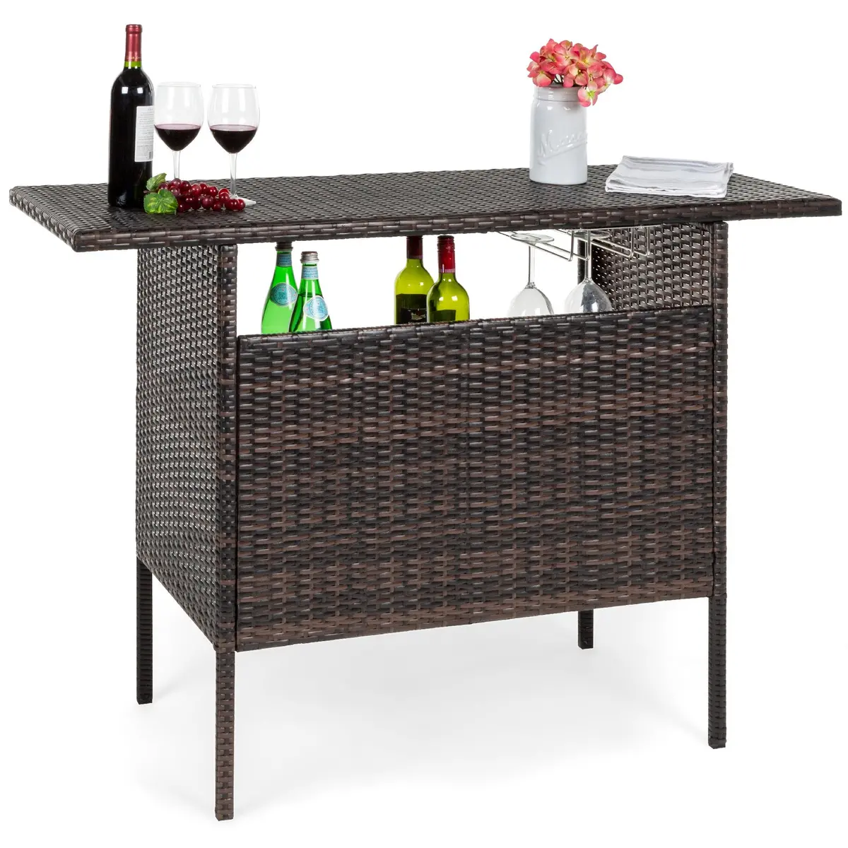 Outdoor Wicker Bar Counter Table W/ 2 Steel Shelves, 2 Rails 1