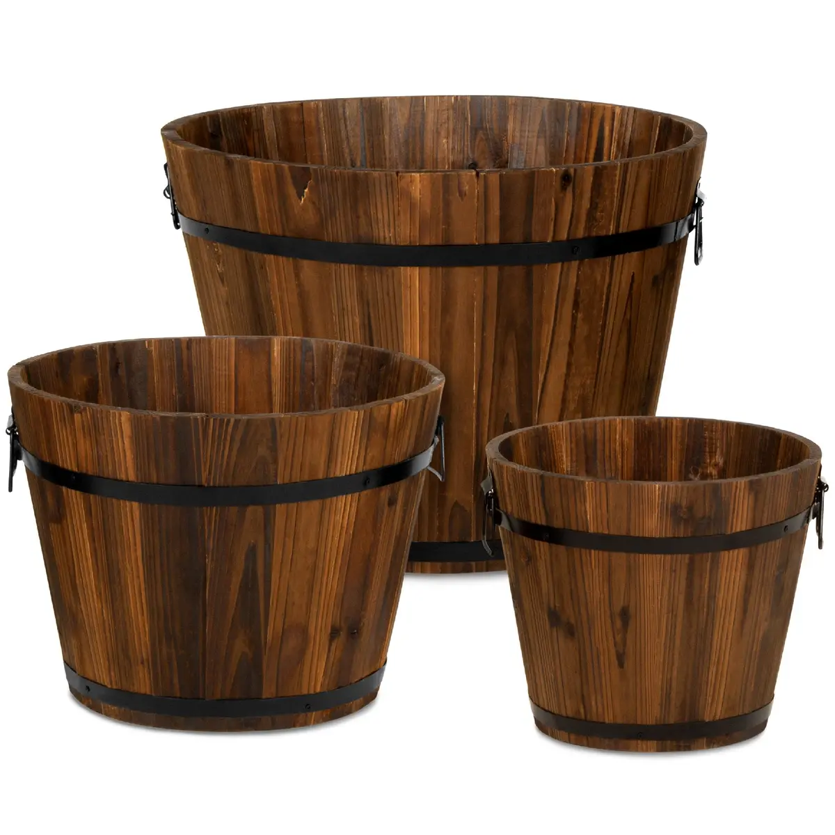 Set Of 3 Rustic Wood Bucket Barrel Garden Planters Set W/ Drainage Holes 1