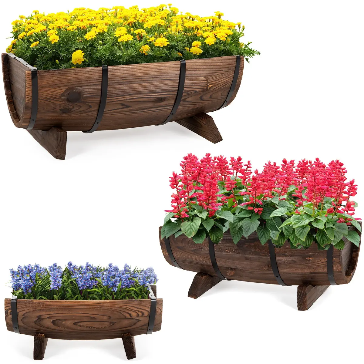 Set Of 3 Rustic Wood Half Barrel Garden Planters Set W/ Drainage Holes 1