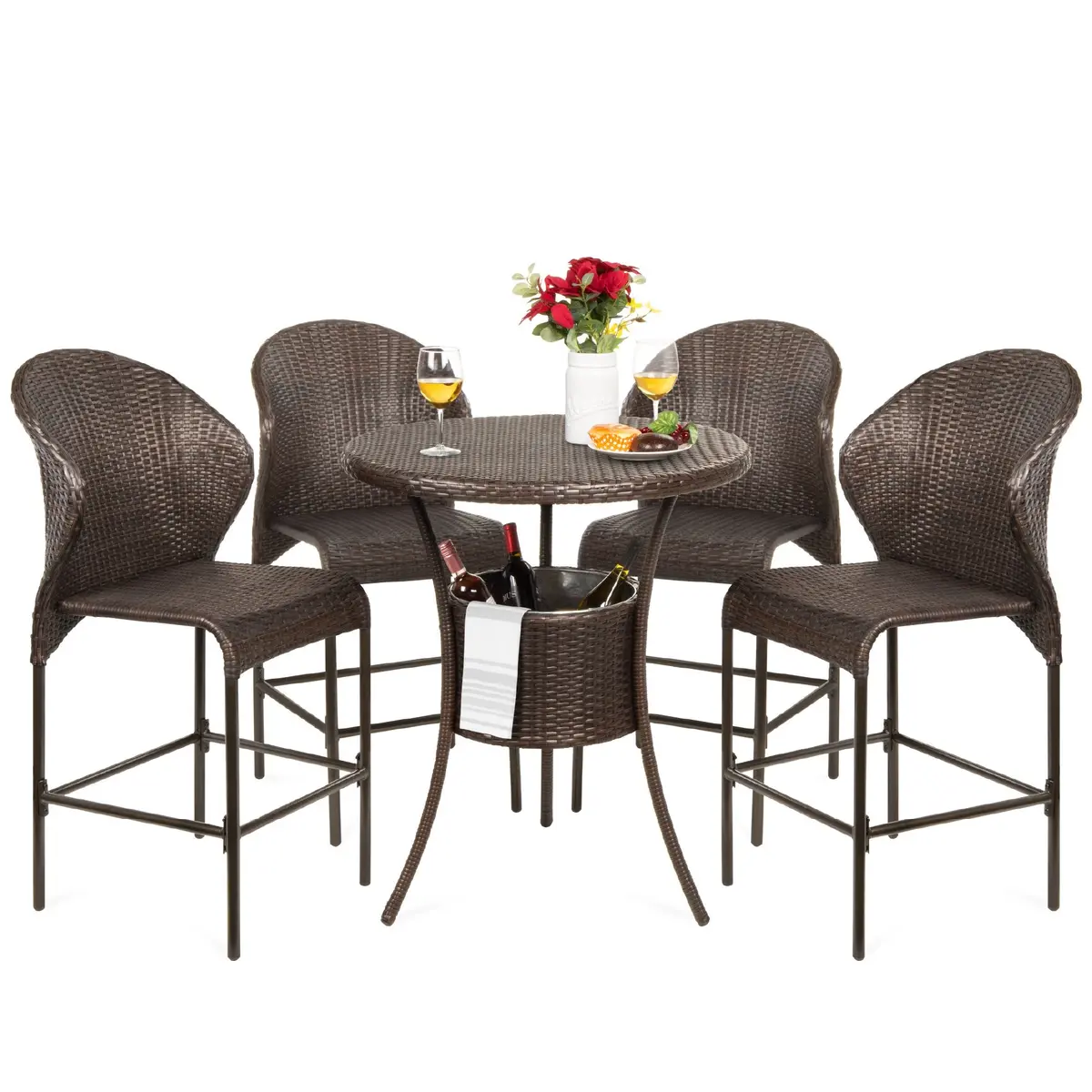 5-Piece Outdoor Wicker Bar Bistro Set For Patio, Porch W/ Ice Bucket 1