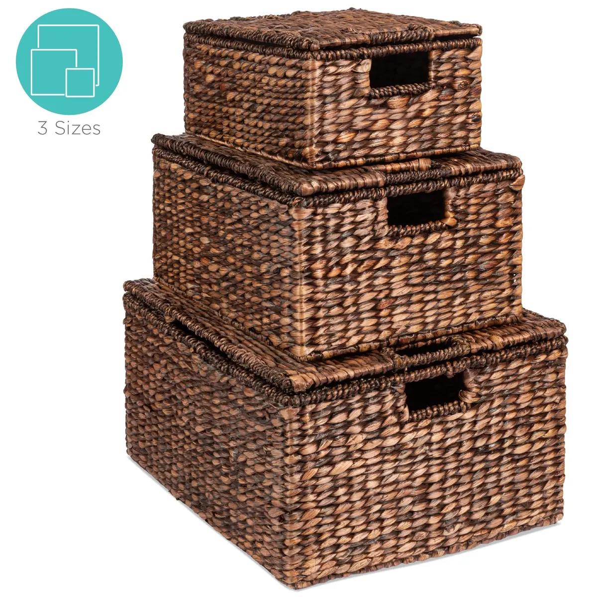 Set Of 3 Large Hyacinth Storage Baskets W/ Handles, Lid - 21", 20", 18" 1