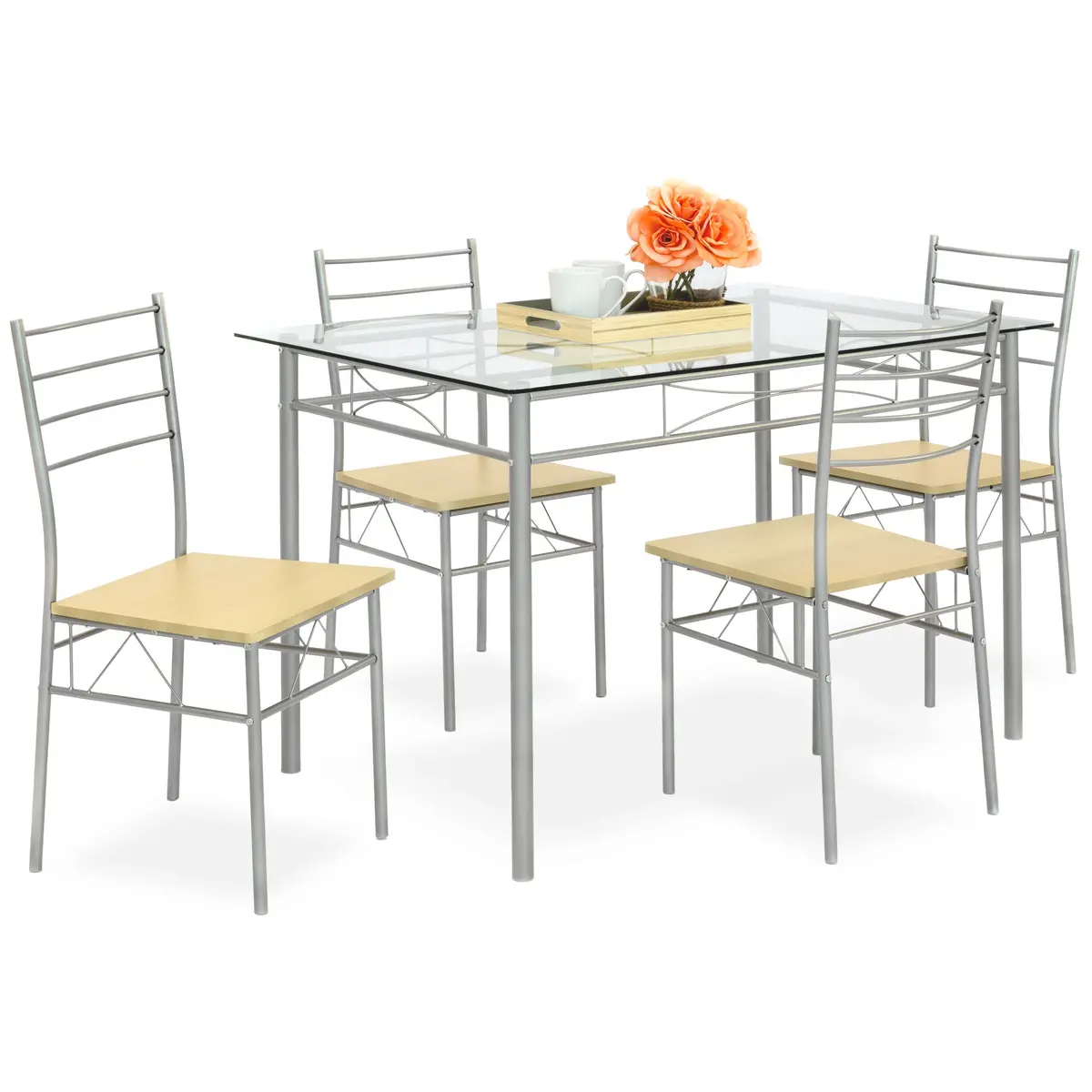 5-Piece Glass Top Dining Table Set W/  4 Chairs, Steel Frame 2