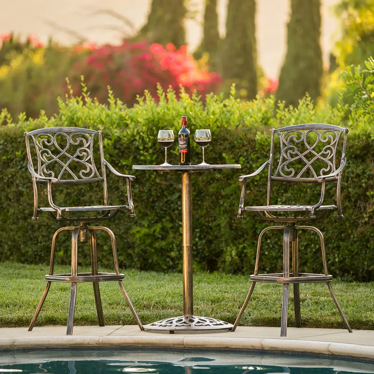 3-Piece Cast Aluminum Bistro Set W/ 2 360-Swivel Chairs - Antique Copper 1