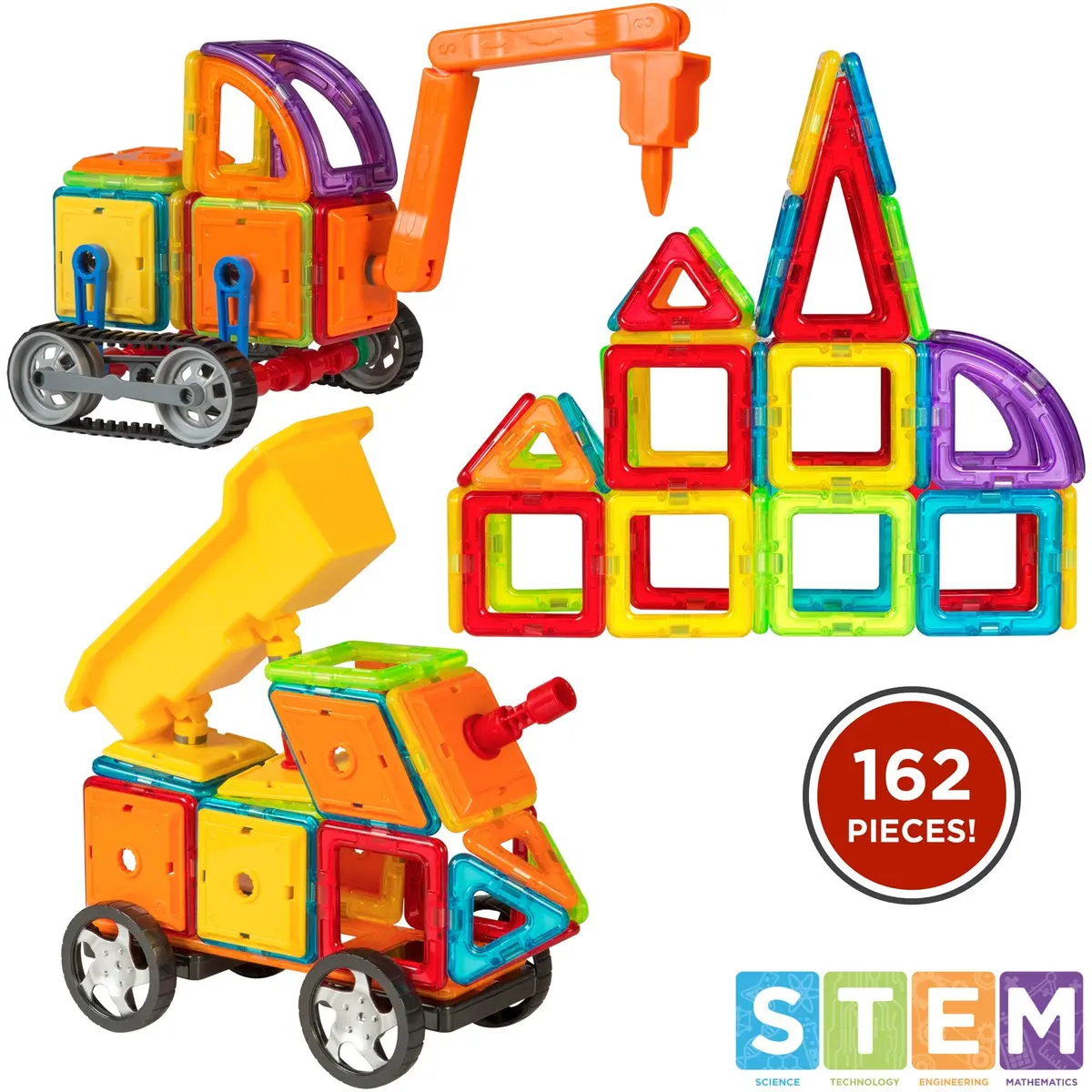 162-Piece Magnetic Building Block Tile Toy Set W/ Excavator Dump Truck 1