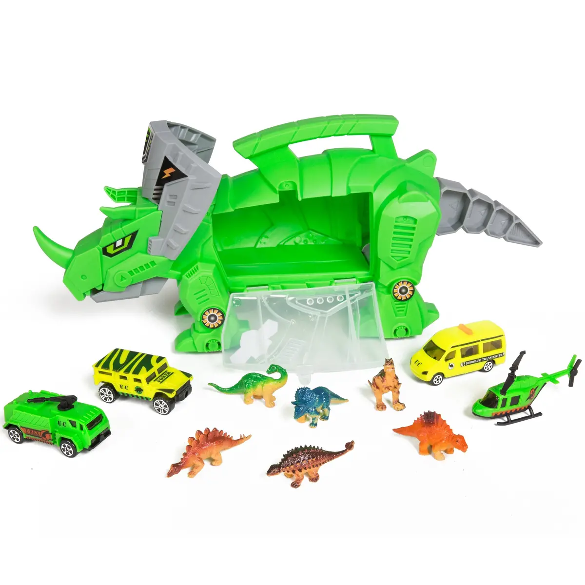 Kids Triceratops Toy Car Carrier Set W/ 4 Vehicles, 6 Dinosaurs 1