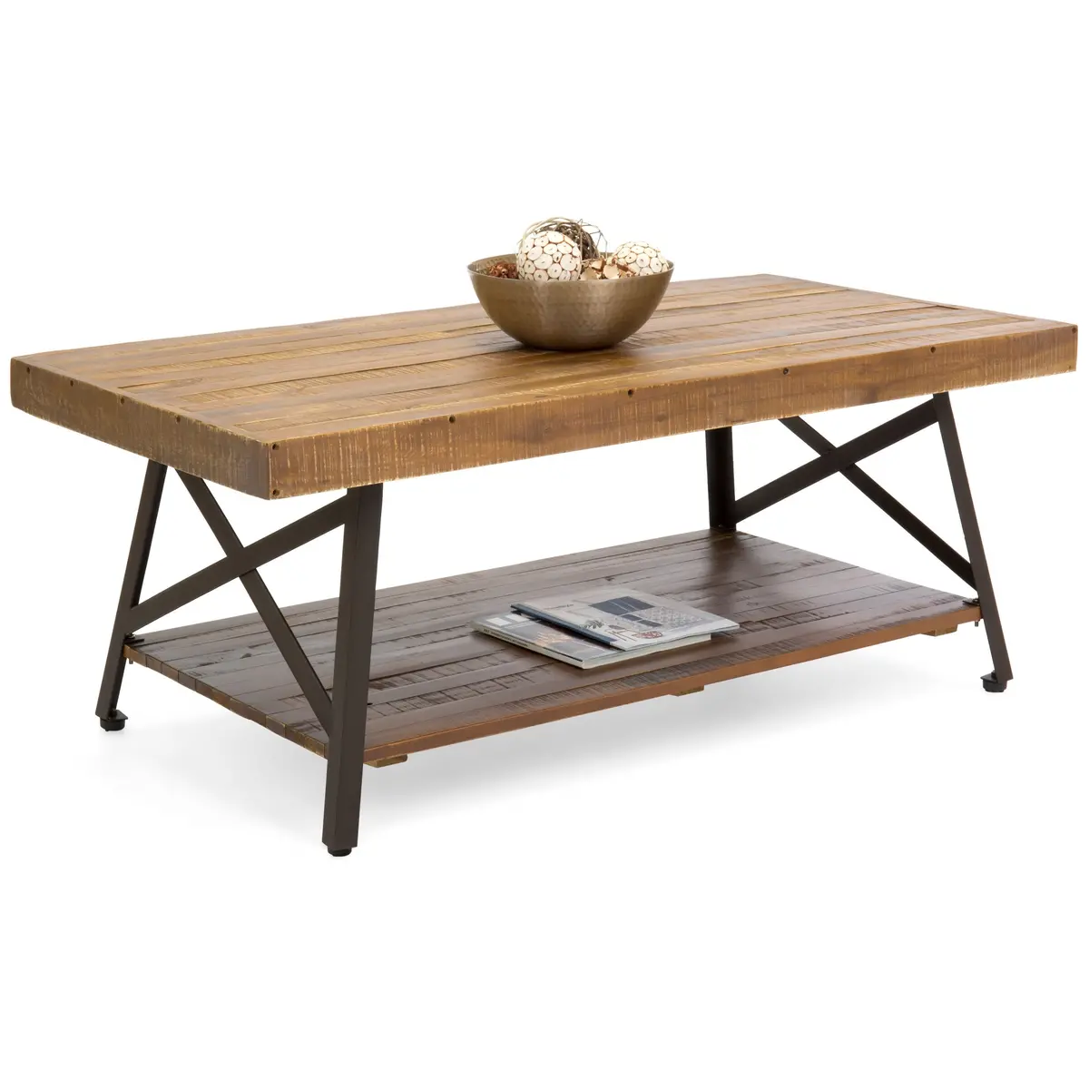 Wooden Coffee Accent Table W/ Metal Legs, Bottom Shelf - Brown 1