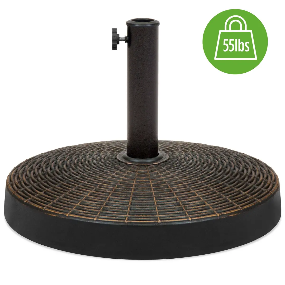 55Lb Round Wicker Style Patio Umbrella Stand W/ Blackened Bronze Finish 1
