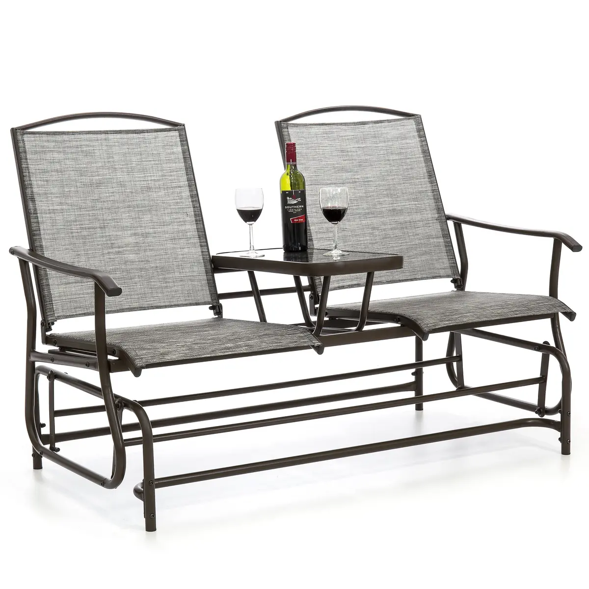 2-Person Outdoor Mesh Double Glider W/ Tempered Glass Attached Table 2