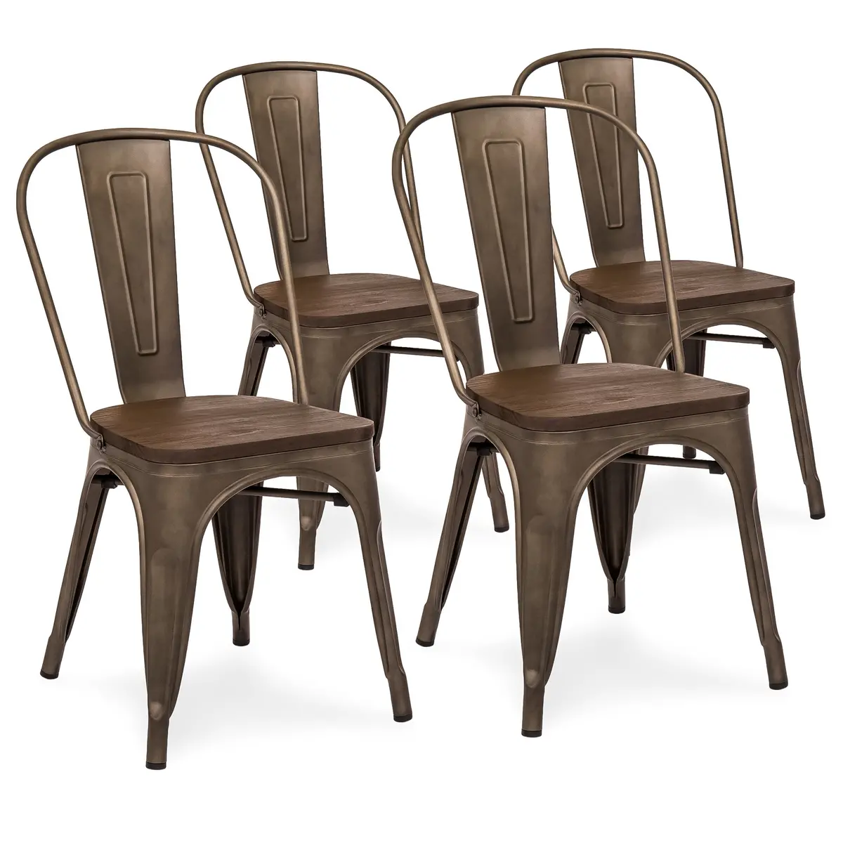 Set Of 4 Distressed Metal Dining Chairs W/ Wood Seat 1
