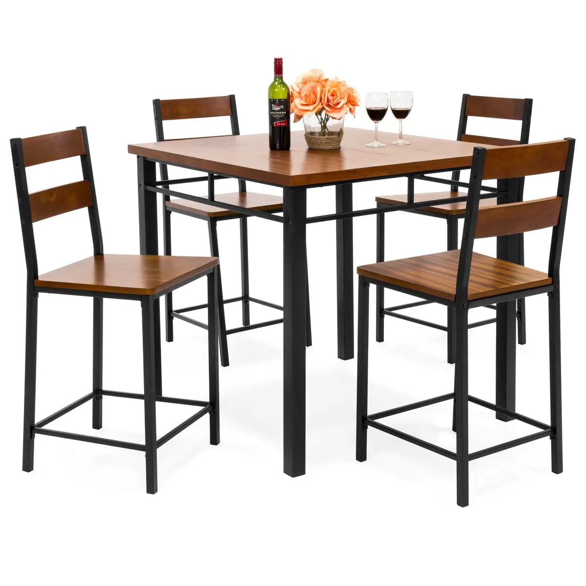 5-Piece Wood Finish Counter Height Table Dining Set W/ 4 Chairs, Metal Frame 1