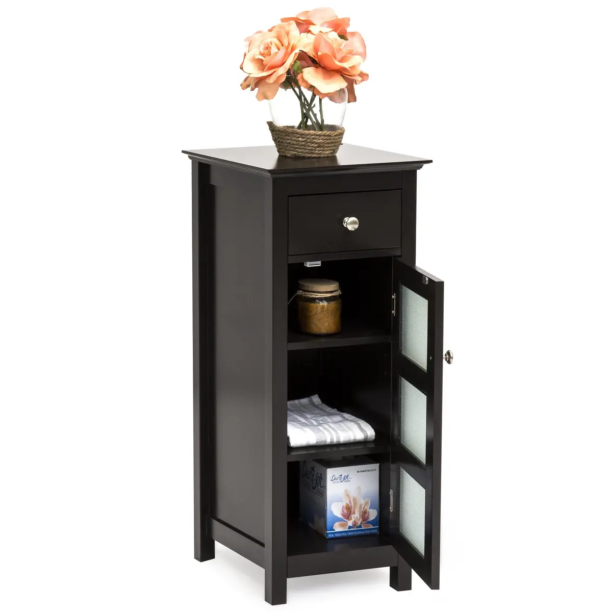 Bathroom Storage Floor Cabinet W/ 3 Shelves, Tempered Glass Double Doors 1
