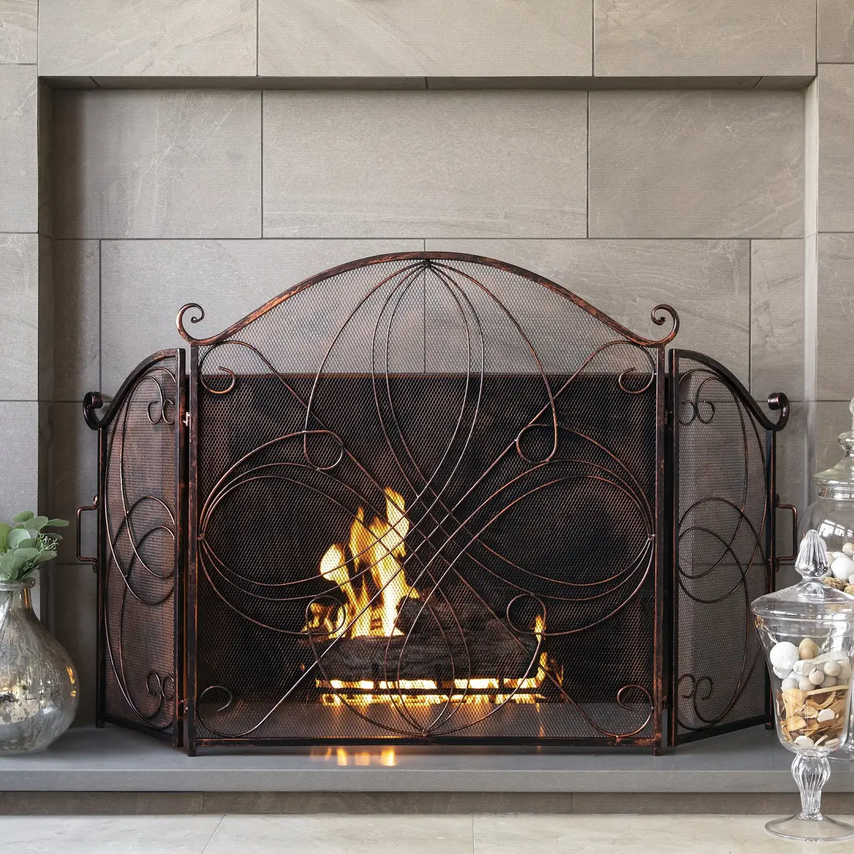 3-Panel 55X33in Wrought Iron Metal Fireplace Screen Cover W/ Scroll Design 1