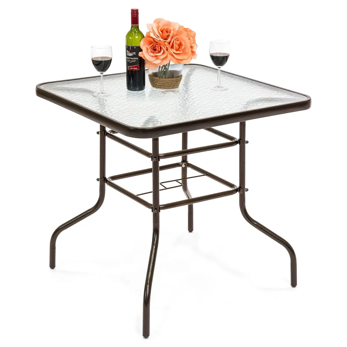 32In Square Tempered Glass Patio Dining Bistro Table W/ Umbrella Hole 1