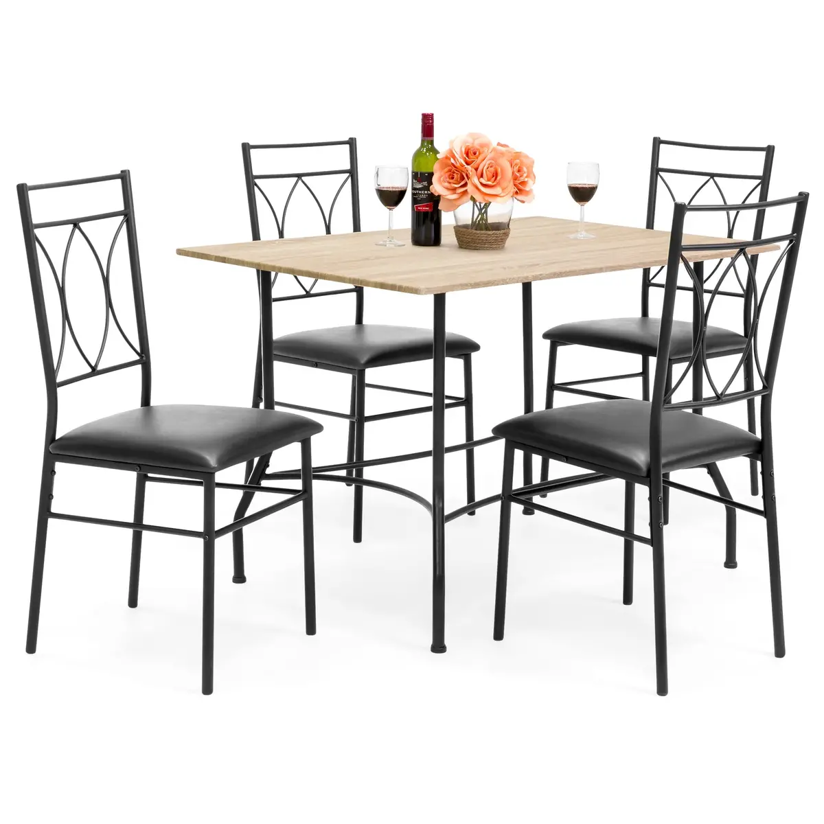 5-Piece Dining Set W/ Wood Table, Metal Chairs, Faux Leather Seats - Black 1
