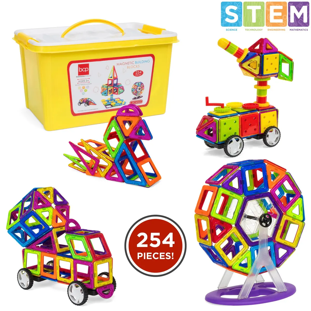 254-Piece Kids Magnetic Building Tiles Toy Set W/ Storage Box - Multicolor 1