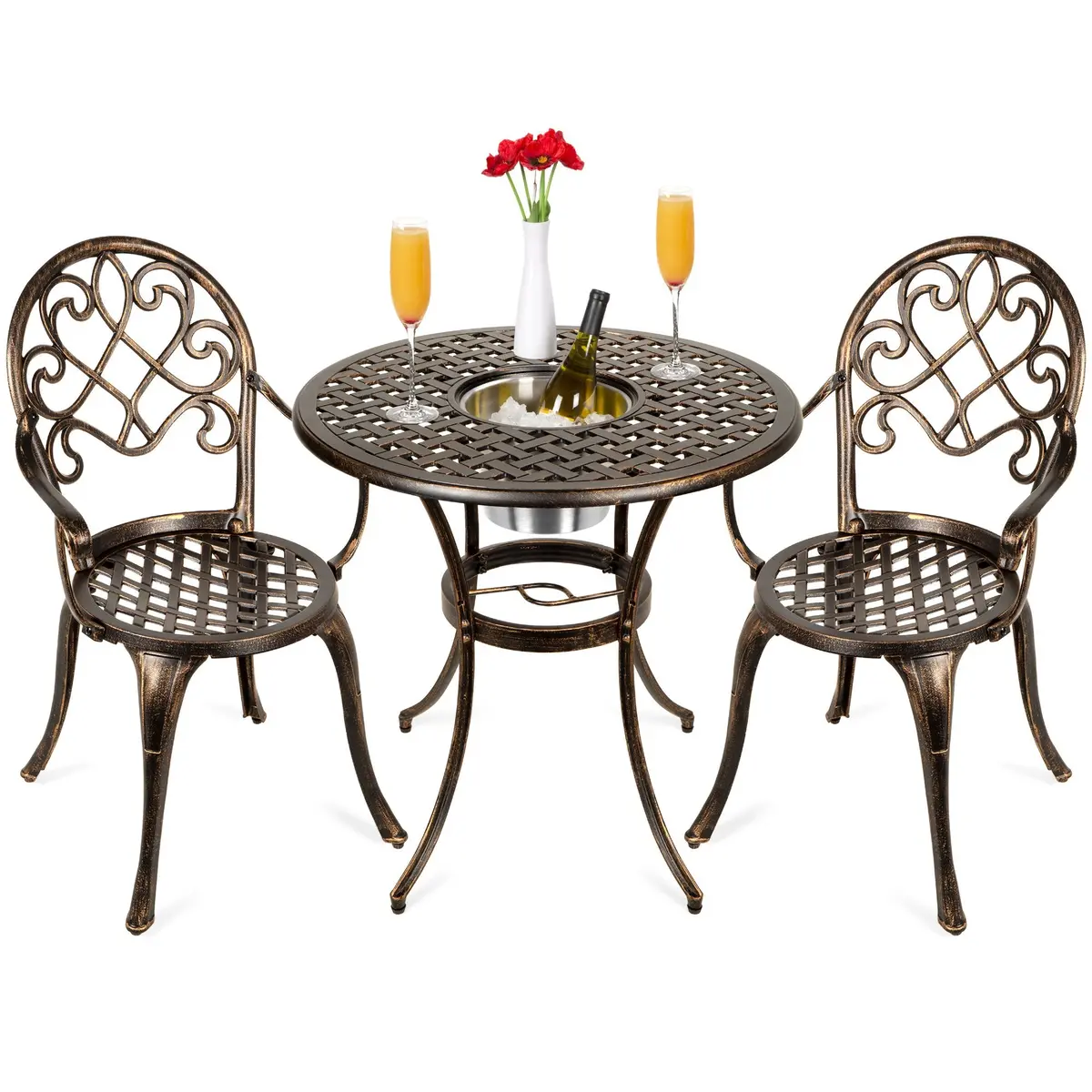 Cast Aluminum Patio Bistro Set W/ Ice Bucket, Chairs, Copper Finish 1