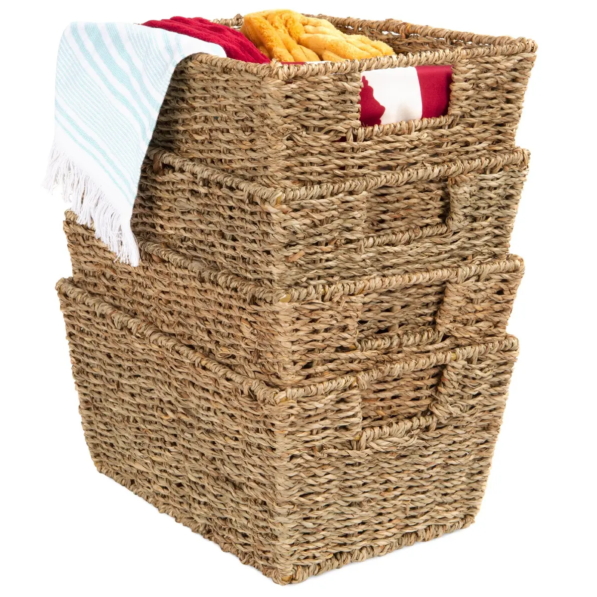 Set Of 4 Seagrass Storage Tote Baskets, Laundry Organizer W/ Insert Handles 1