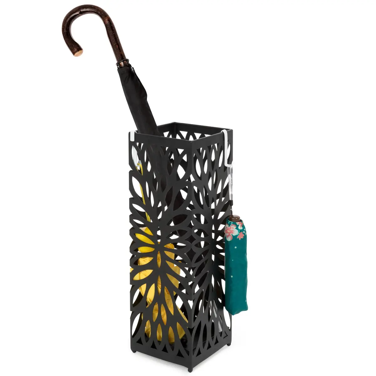 Square Metal Umbrella Stand W/ 2 Hooks, Drain Tray - Black 1