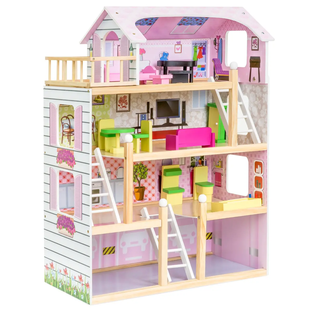 4-Level Kids Wooden Dollhouse W/ 13 Pieces Of Furniture 1