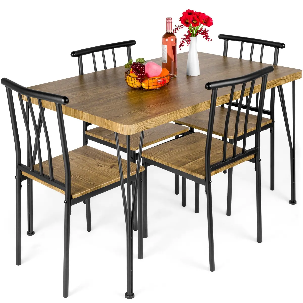 5-Piece Modern Metal And Wood Dining Table Furniture Set W/ 4 Chairs 1