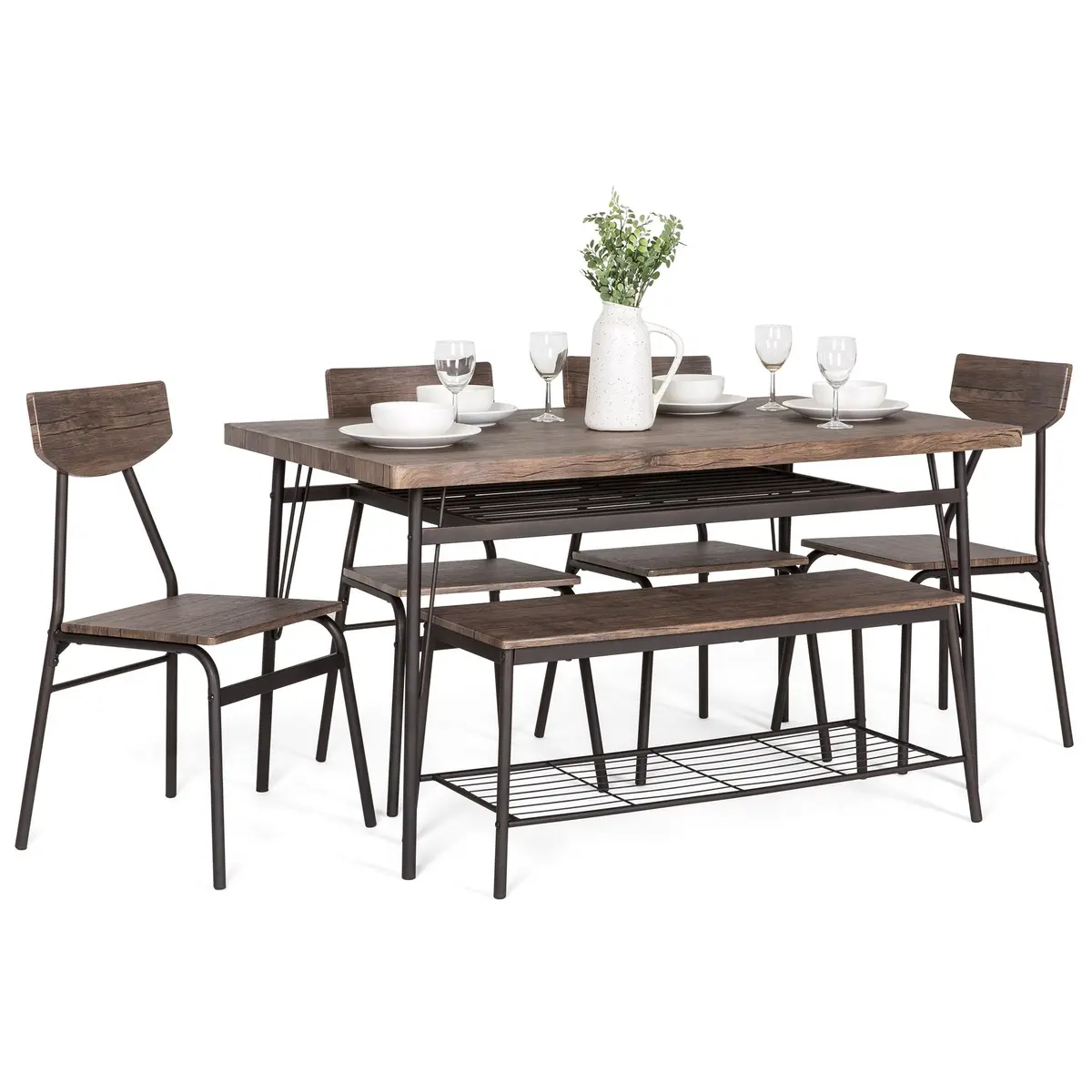 6-Piece Modern Dining Set W/ Storage Racks, Table, Bench, 4 Chairs - Brown 1