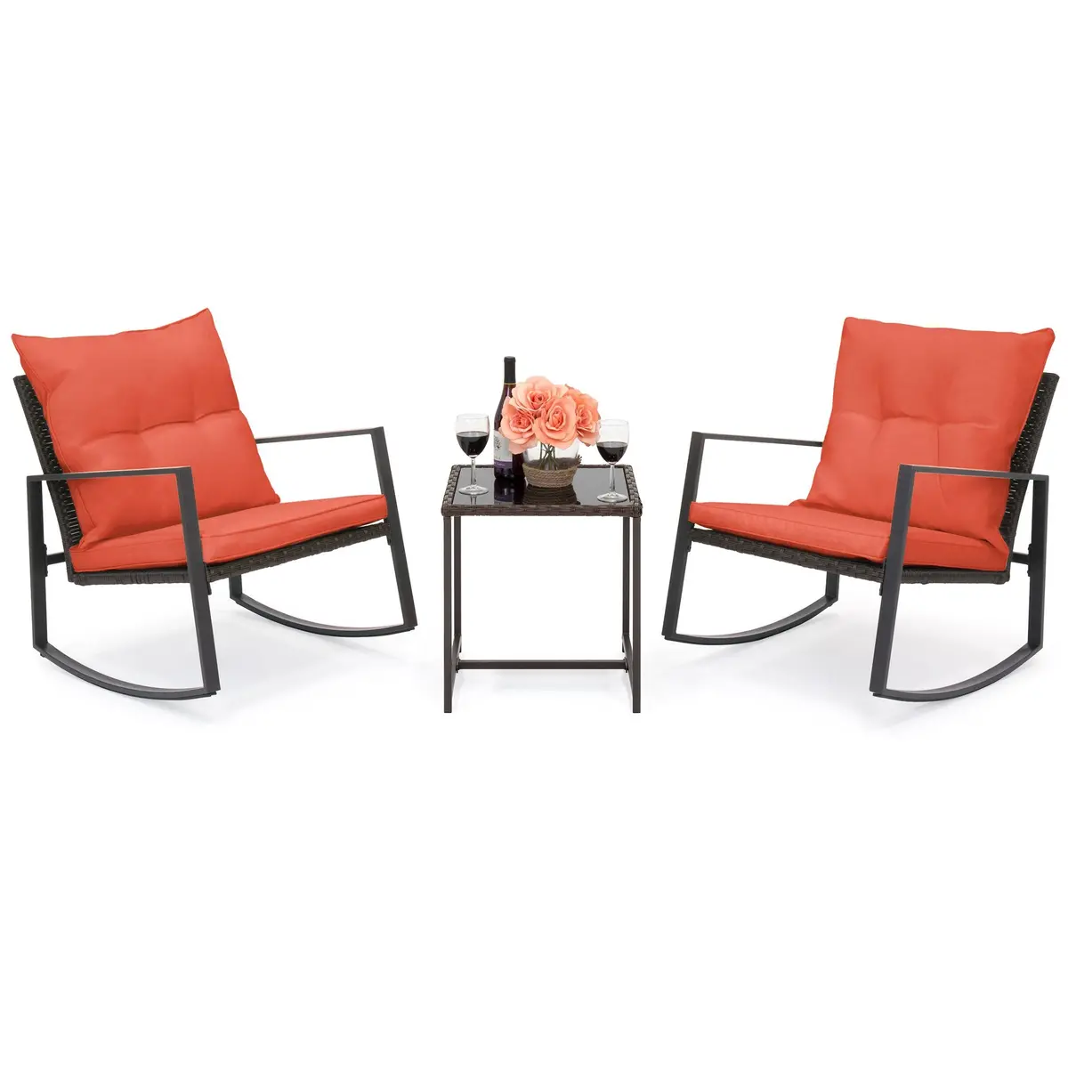 3-Piece Wicker Bistro Furniture Set W/ 2 Rocking Chairs, Glass Side Table 1