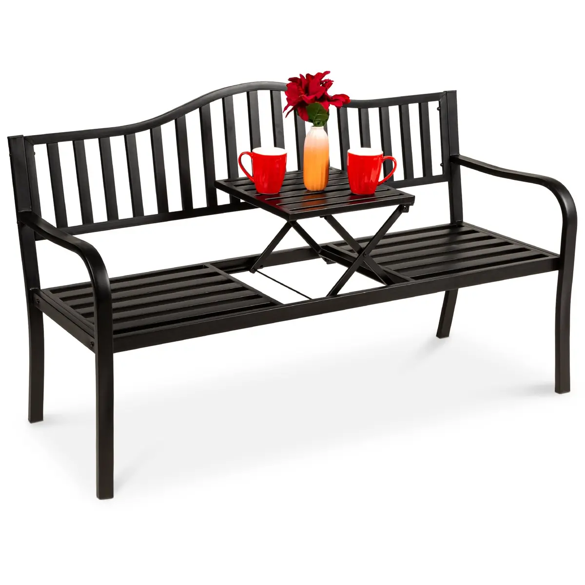 Steel Bench For Outdoor Patio And Garden W/ Pullout Middle Table 1