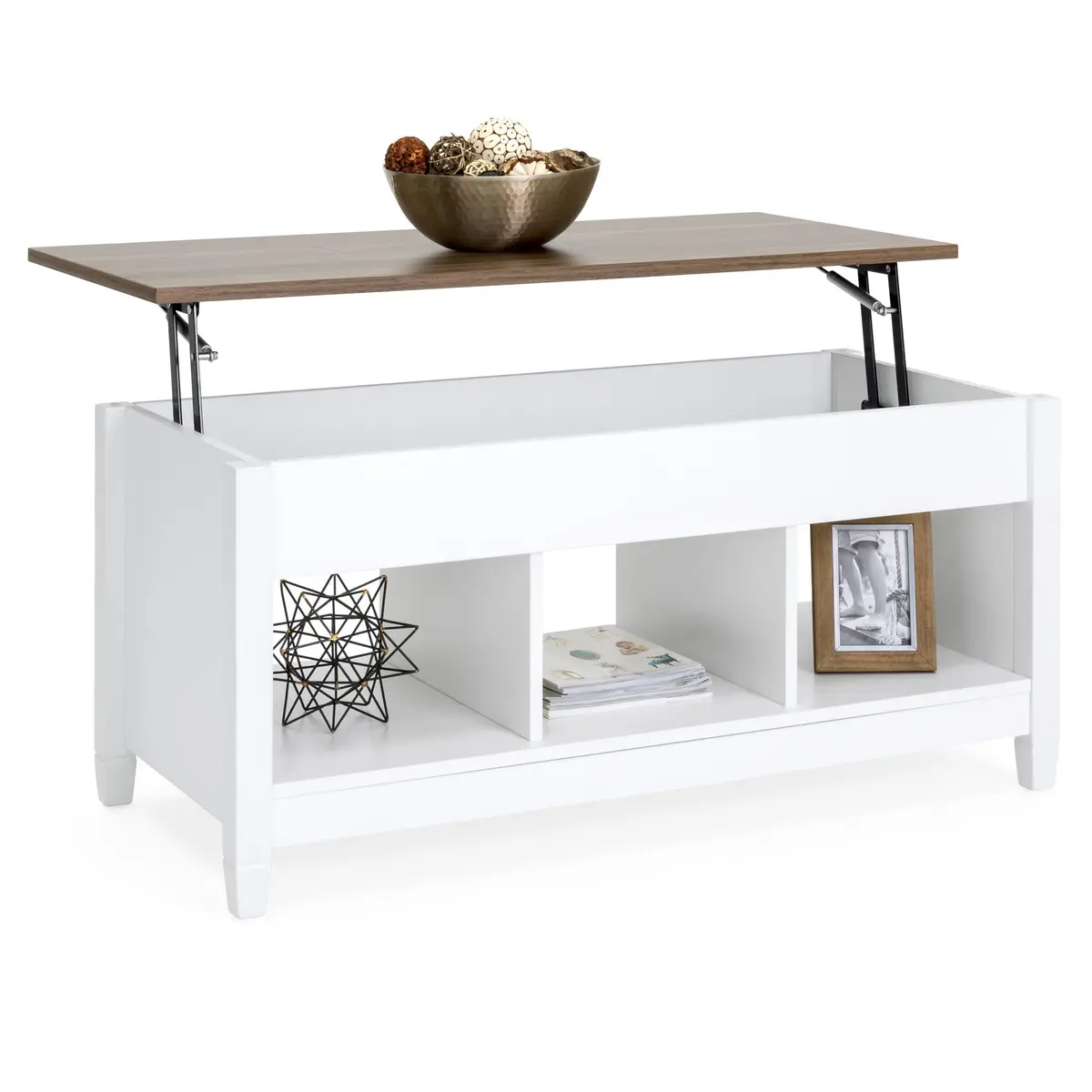 Coffee Table Furniture W/ Hidden Storage, Lift Tabletop, 2 Display Shelves 3