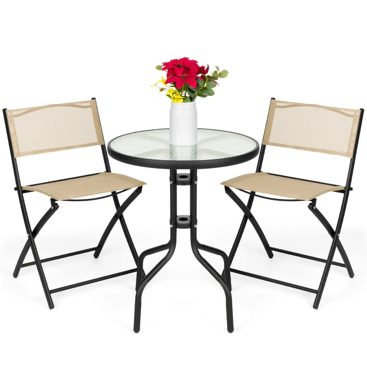 3-Piece Bistro Set W/ Glass Table, 2 Foldable Chairs 2