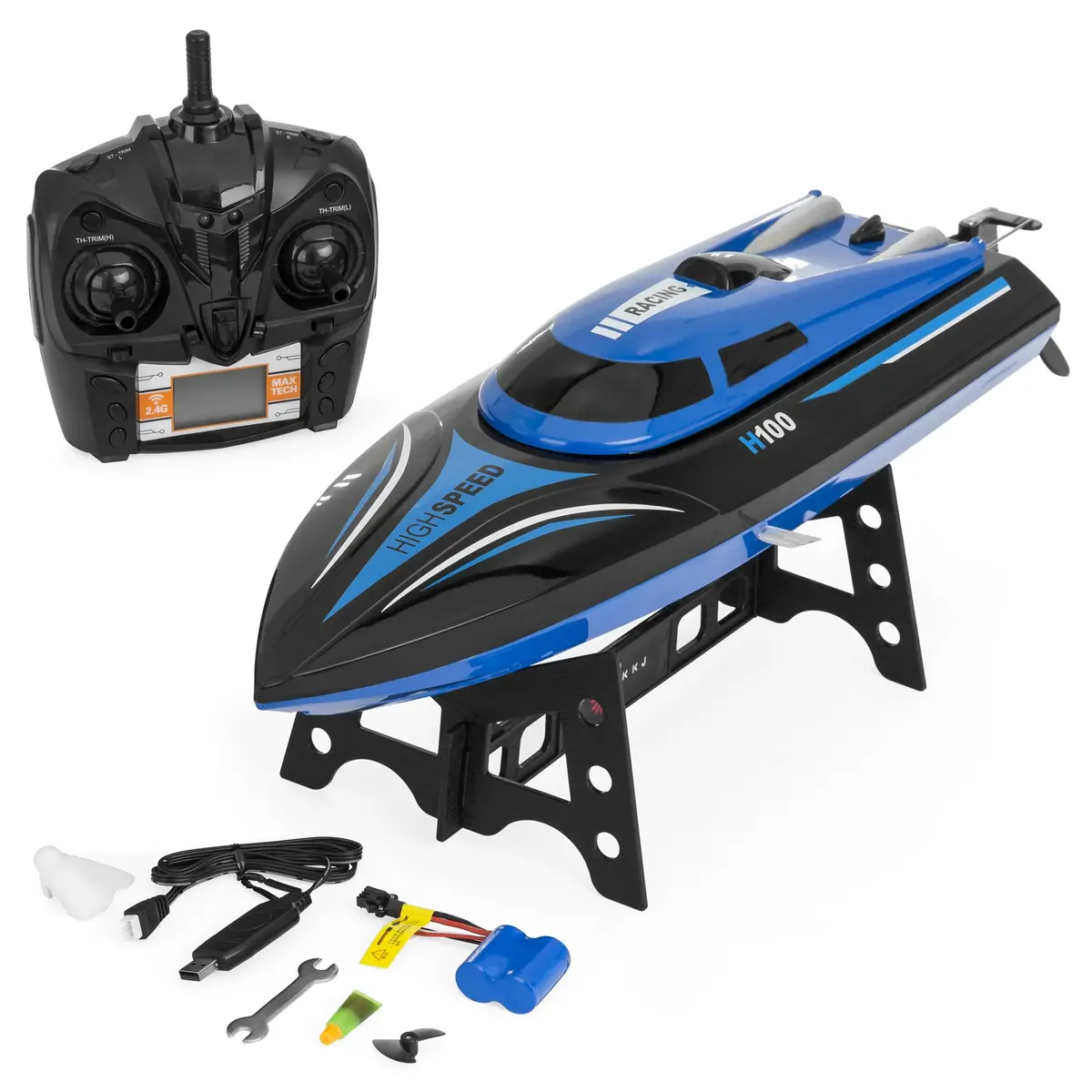 Kids 2.4Ghz High Speed Rc Racing Boat Toy W/ Lcd Screen Remote - Blue 1