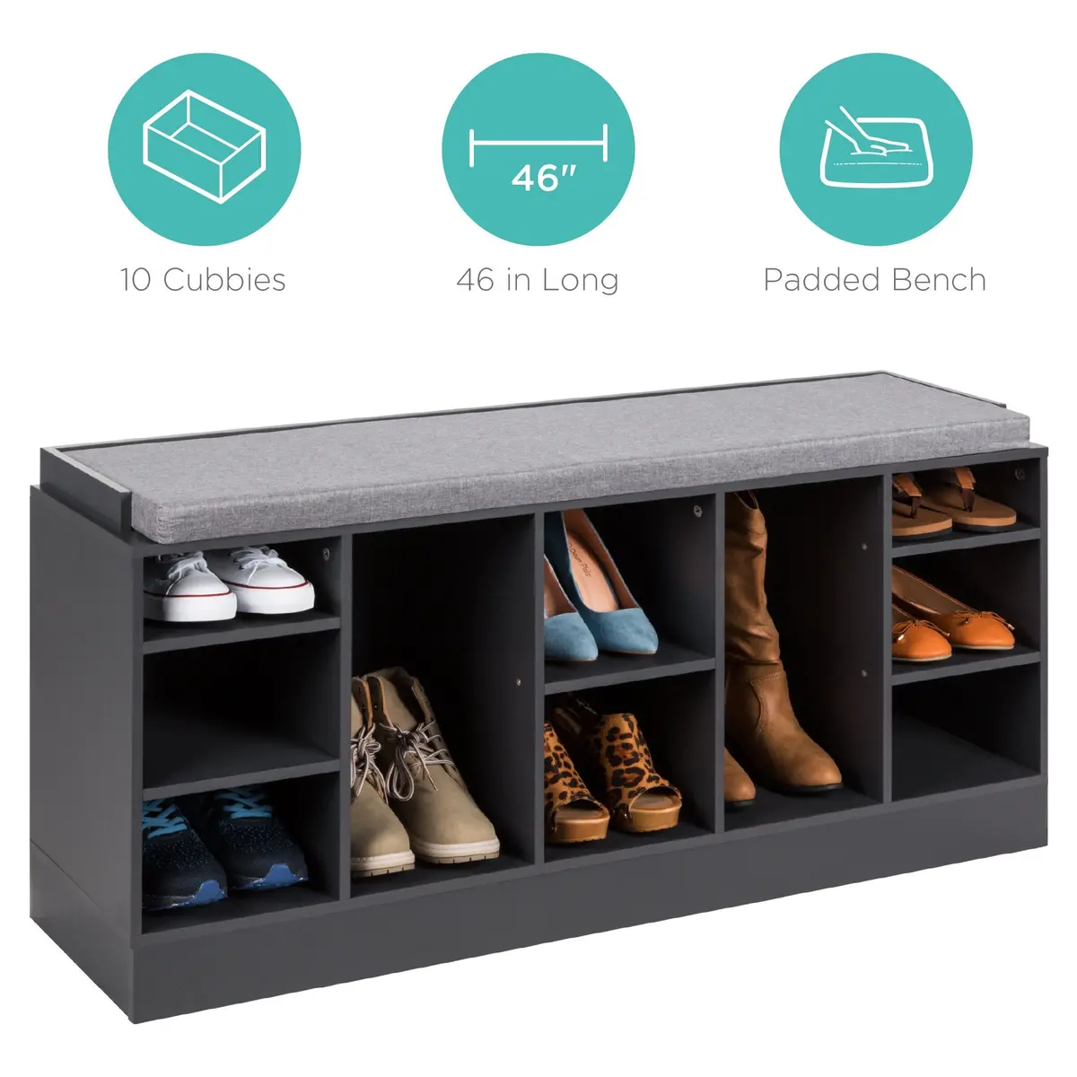 Shoe Storage Rack Bench W/ Padded Seat, 10 Cubbies 1
