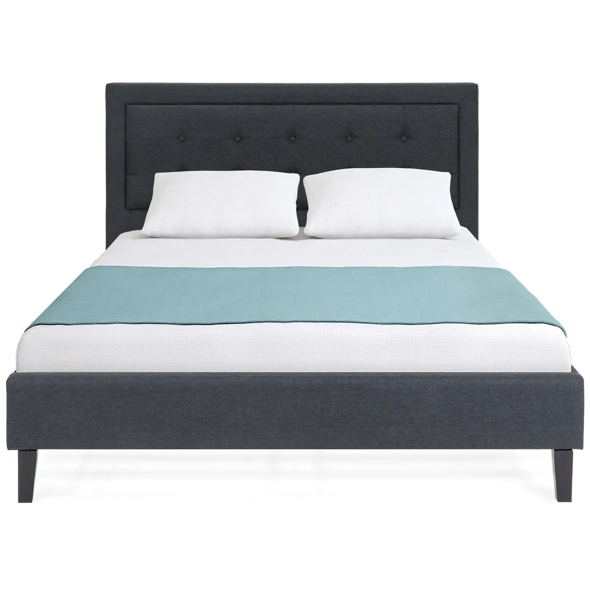 Upholstered Queen Platform Bed W/ Tufted Headboard, Wood Slats 1