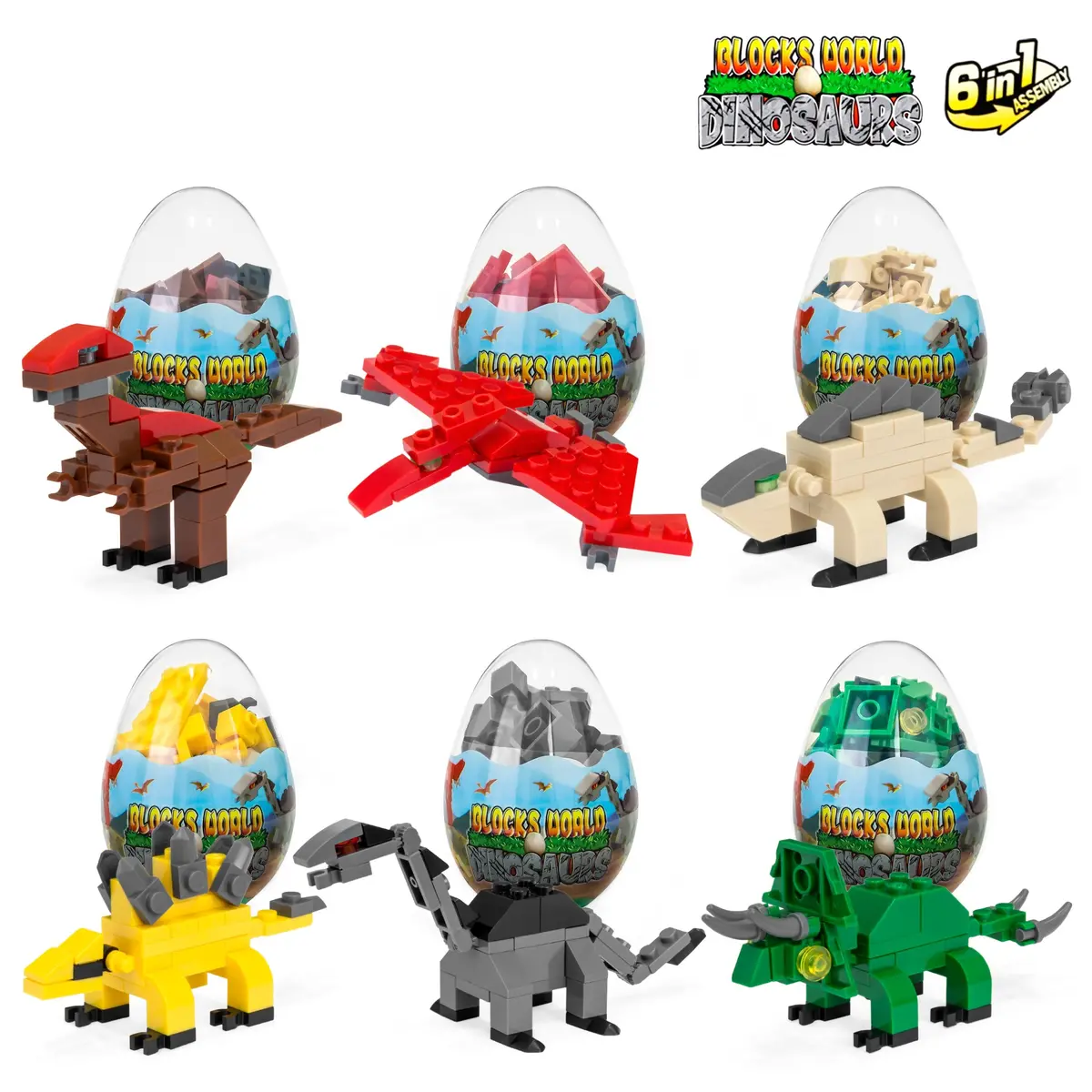 12-Piece 6-In-1 Kids Dinosaur Building Brick Set - Multicolor 1