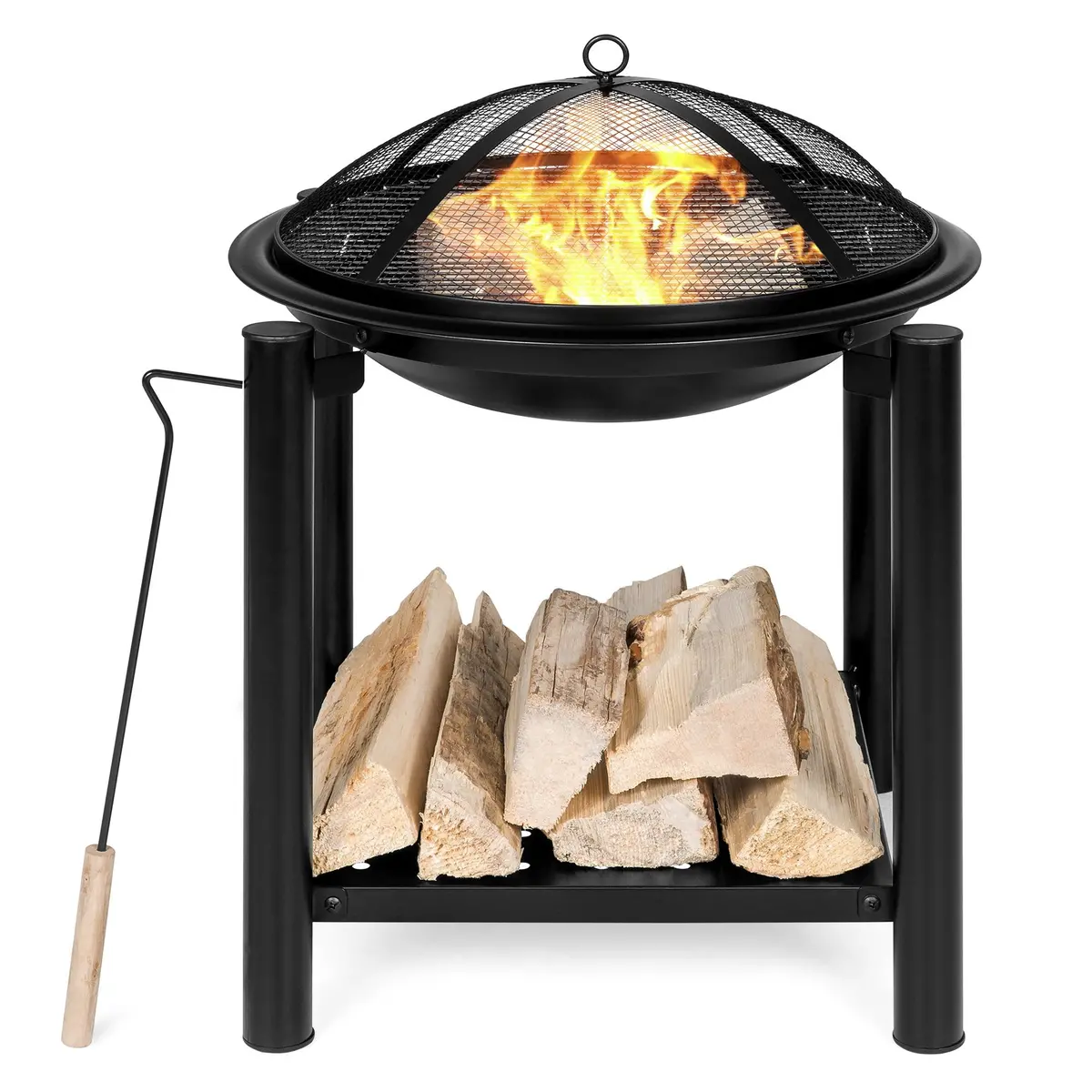 21.5In Fire Pit Bowl Table W/ Storage Shelf, Mesh Cover, Log Grate, Poker 1