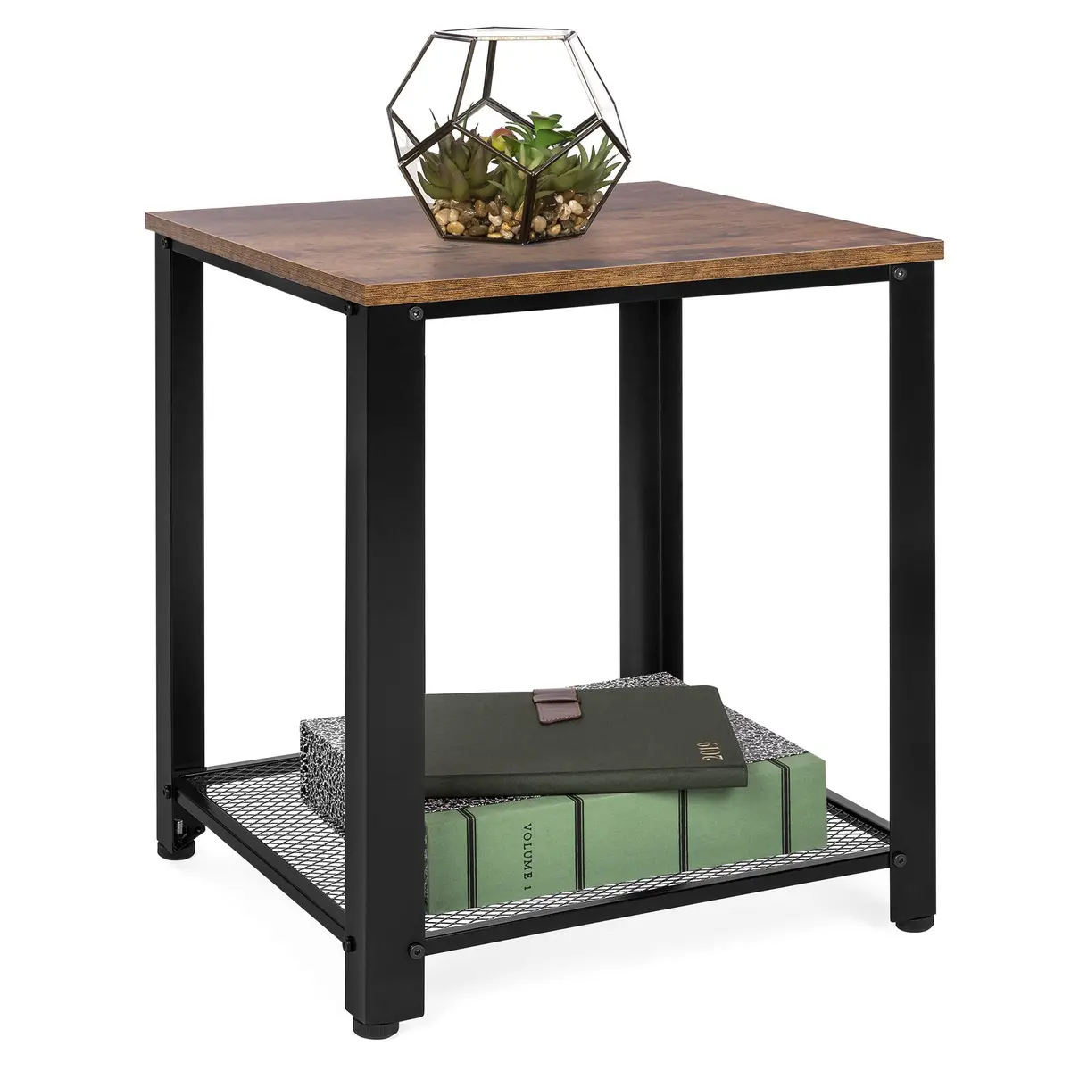 2-Tier Rustic Industrial Side End Table W/ Wood Finish Top, Metal Frame 1