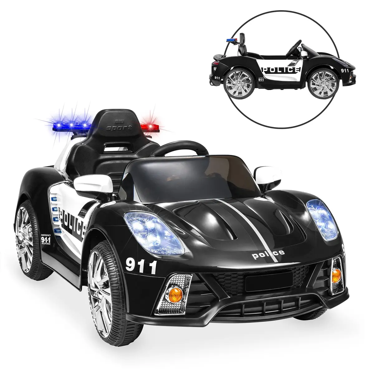 12V Kids Police Sports Car Ride-On W/ Aux Port, Parent Control, Sounds 1