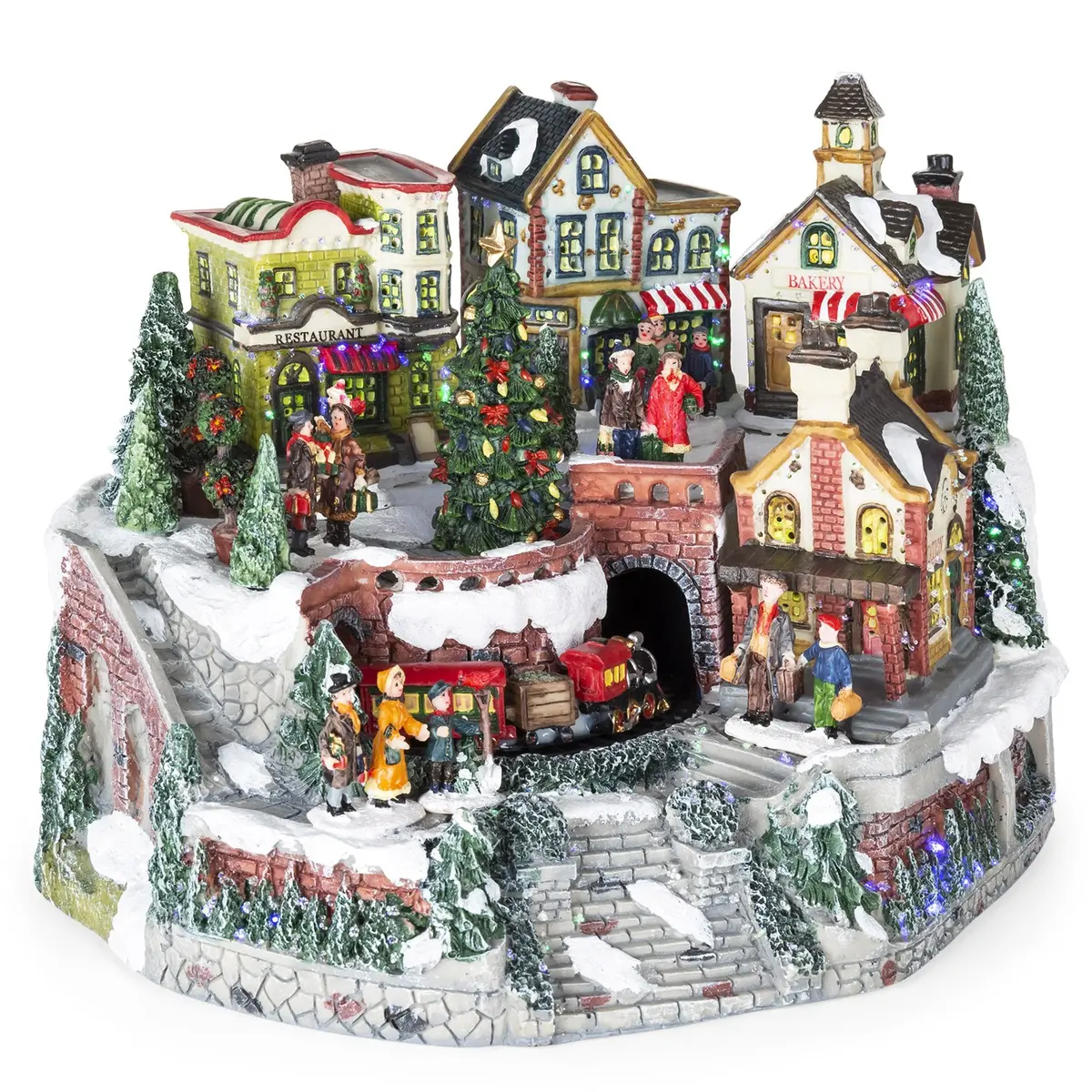 12In Pre-Lit Hand-Painted Tabletop Christmas Village Set W/ Rotating Train 1
