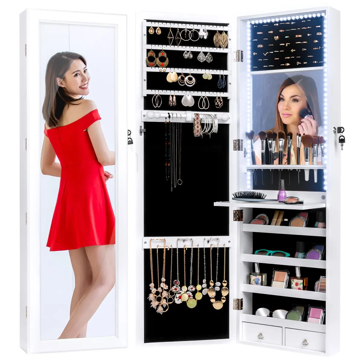 Door/Wall Mount Mirror Jewelry Cabinet Armoire W/ Inside Mirror, Led Lights 1