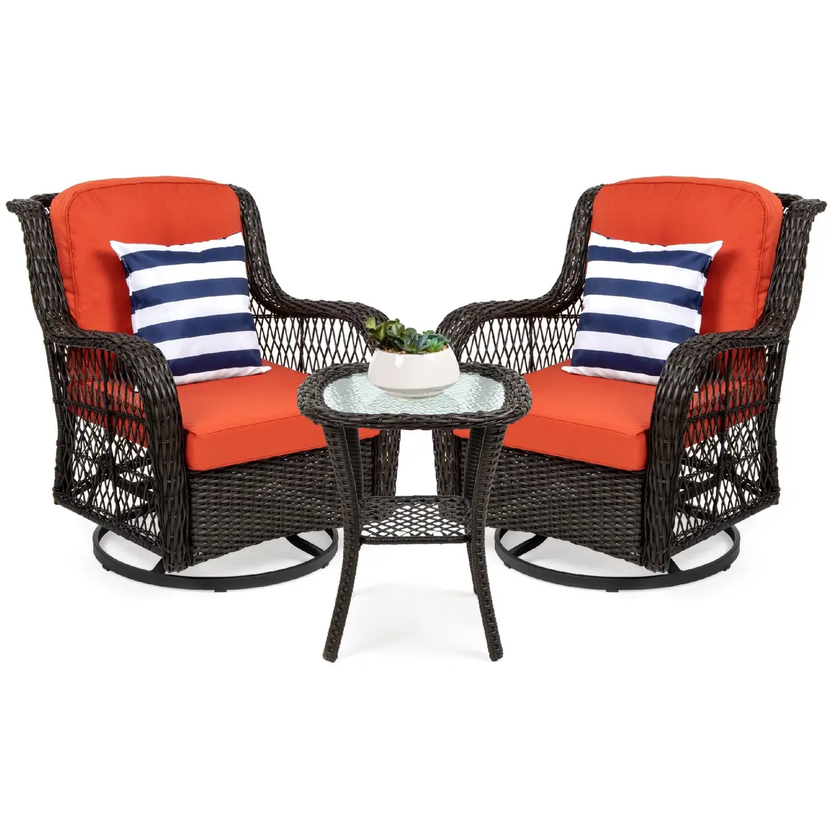 3-Piece Patio Wicker Bistro Furniture Set W/ 2 Swivel Rocking Chairs, Table 2