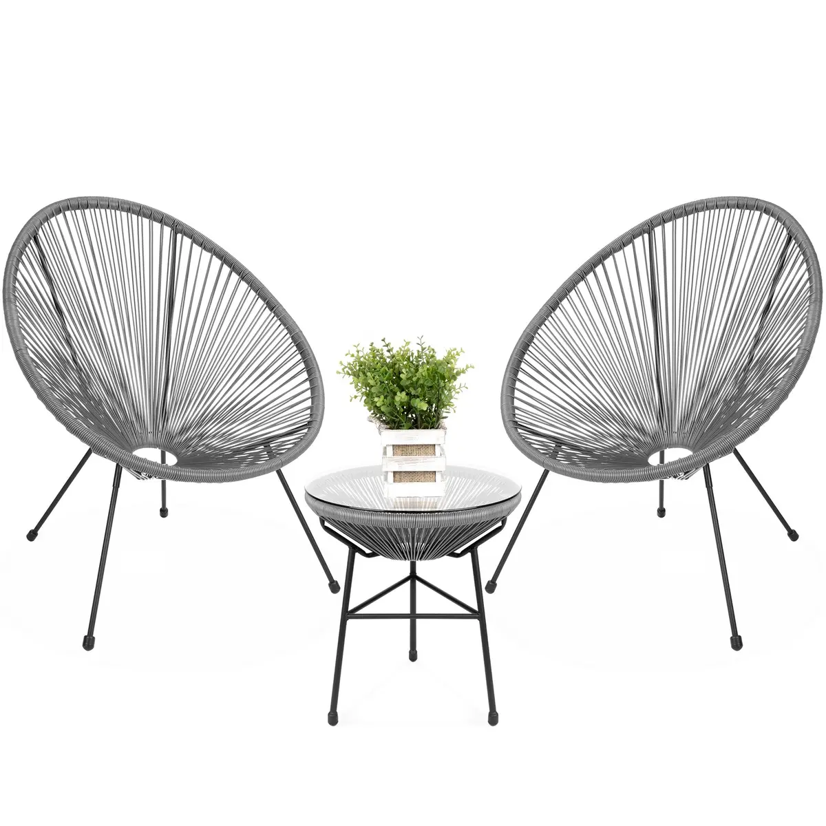 3-Piece All-Weather Patio Acapulco Bistro Set W/ Rope, Glass Top Table 2