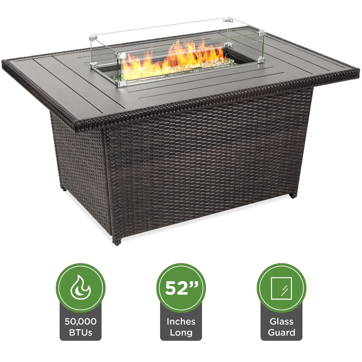 52In Wicker Propane Fire Pit Table, 50,000 Btu W/ Glass Wind Guard, Cover 2