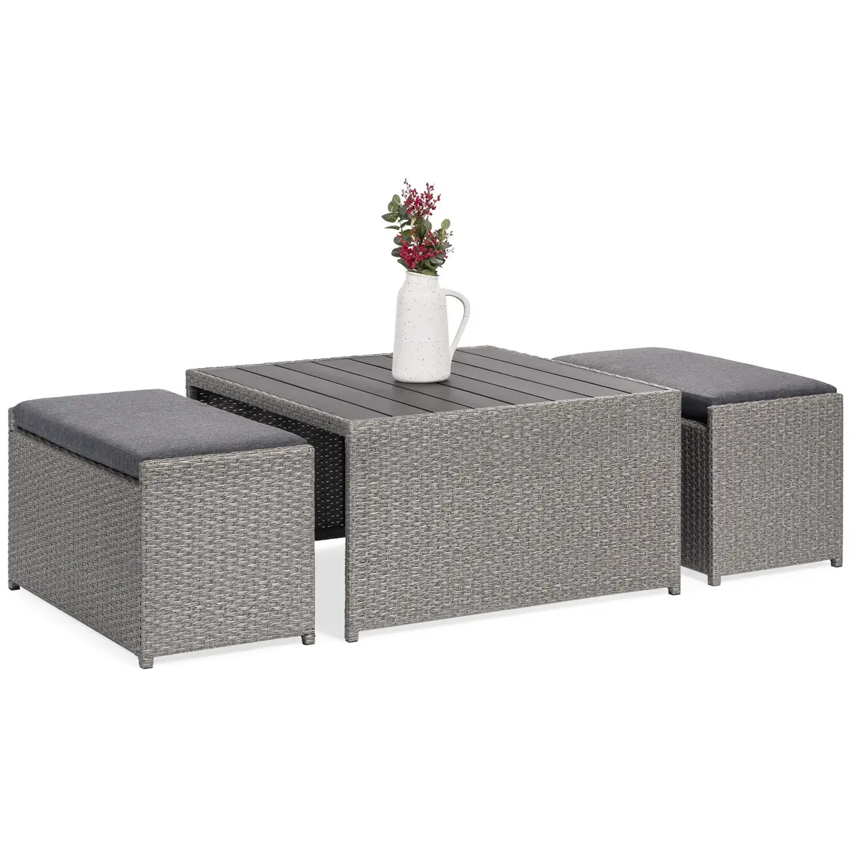 3-Piece Outdoor Wicker Coffee Table Conversation Set W/ Ottoman Benches 1