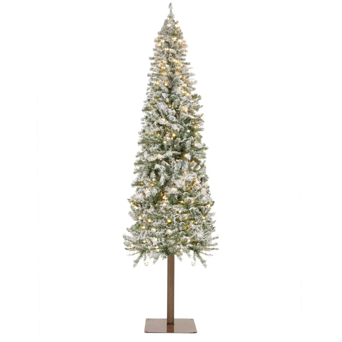 Pre-Lit Snow Flocked Alpine Slim Pencil Christmas Tree W/ Led Lights, Stand 1