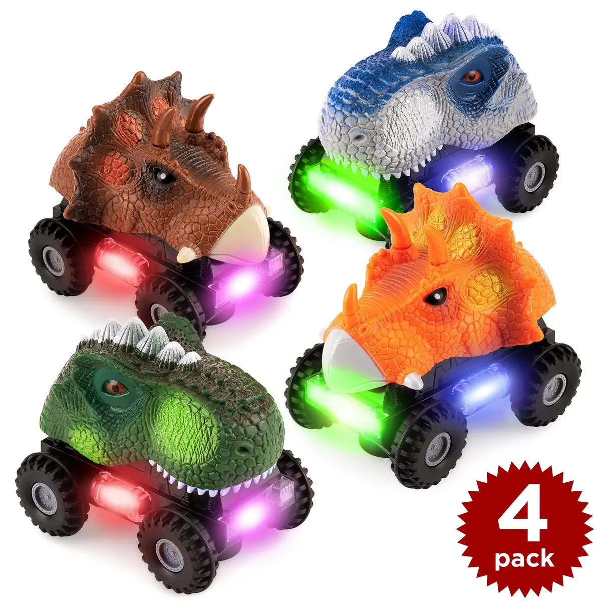 Set Of 4 Kids T-Rex & Triceratops Dinosaur Bump & Go Toy Cars W/ Led Lights 1