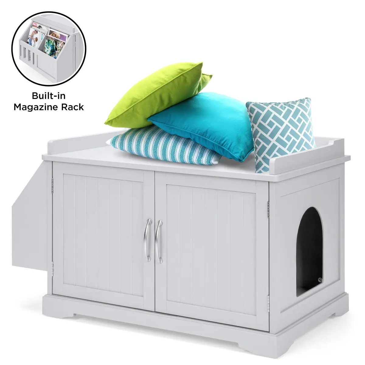 Large Wooden Cat Litter Box Enclosure Cabinet & Side Table W/ Magazine Rack 1