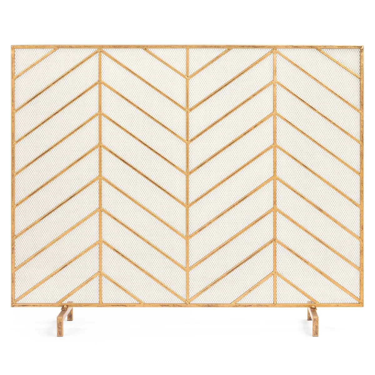 38X31in Single Panel Iron Chevron Fireplace Screen W/ Antique Gold Finish 1
