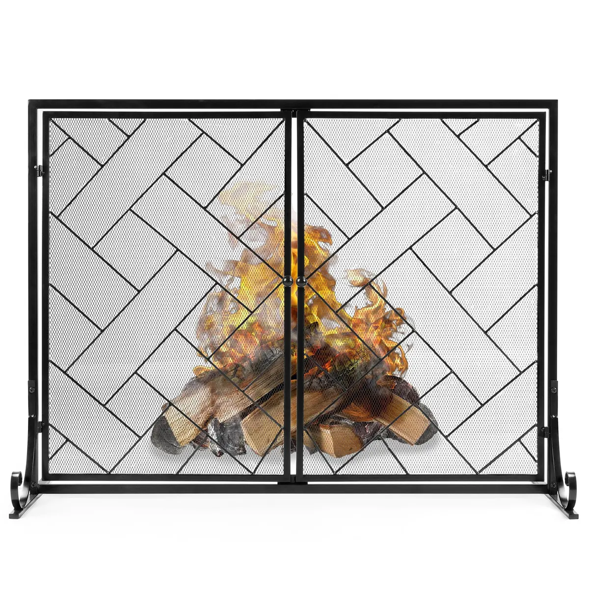 44X33in 2-Panel Wrought Iron Geometric Fireplace Screen W/ Magnetic Doors 1